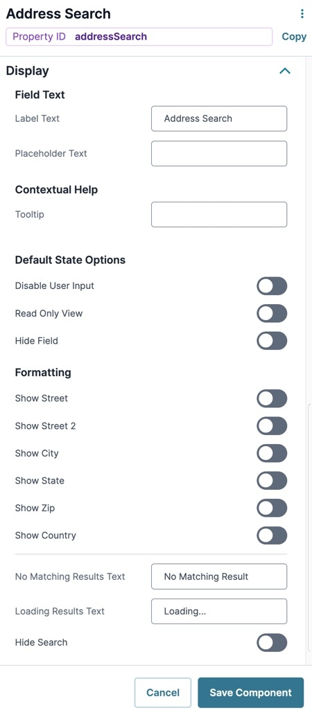 A static image displaying the Address Search component's Display settings.