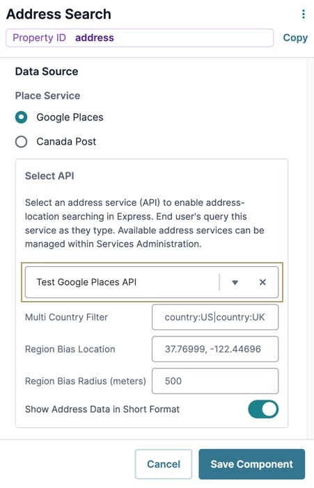 A static image displaying the Address Search component. The Select API dropdown is highlighted.