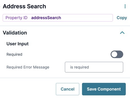 A static image displaying the Address Search component's Validation settings.