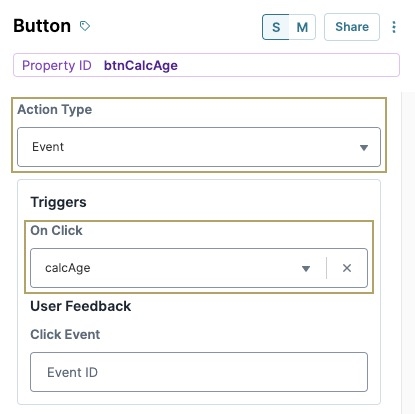 A static image displaying the Button component's Action Type and Triggers setting.