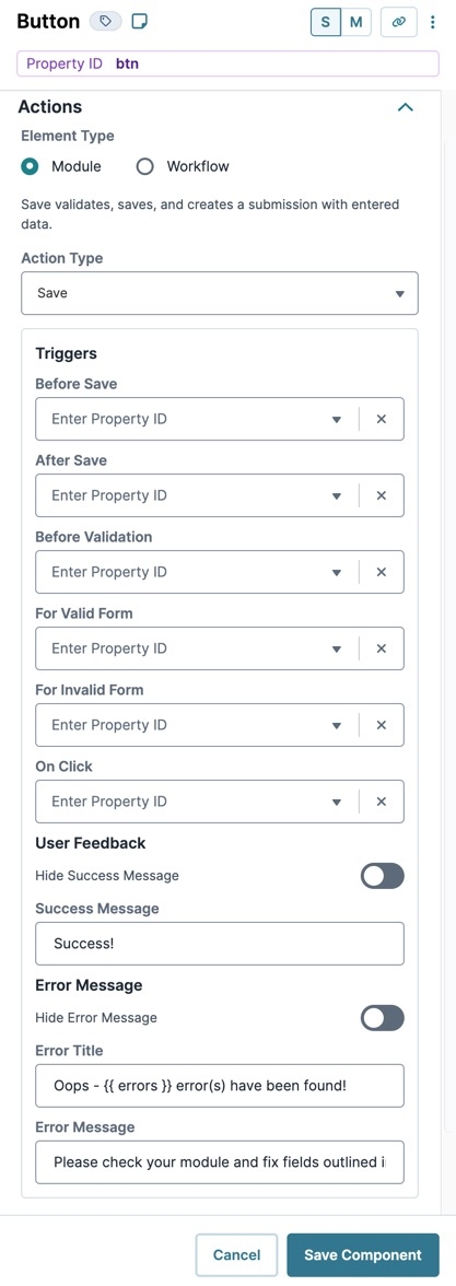 A static image displaying the Button component's Module Action settings.
