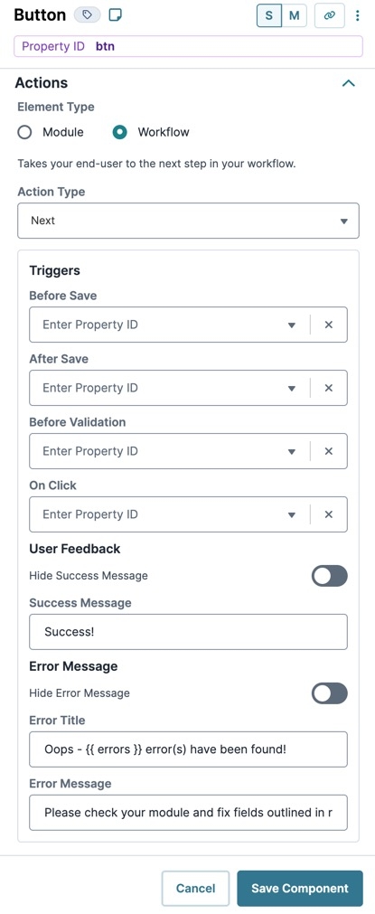 A static image displaying the Button component's Workflow Action settings.