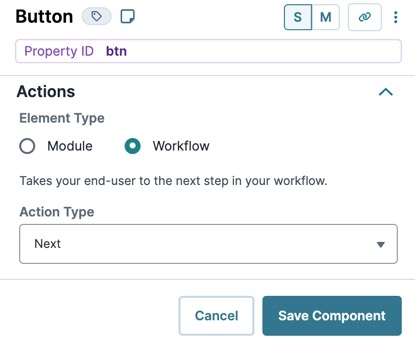 A static image displaying the UDesigner Button component's Trigger settings for modules.