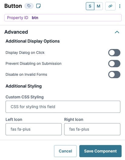 A static image displaying the UDesigner Button component's Additional setting options.