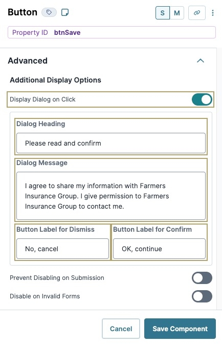 A static image displayign the Button component's Additional Display Options settings.