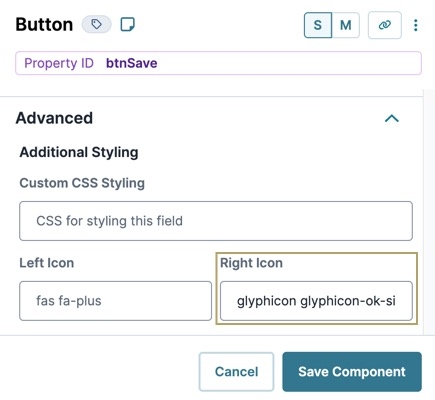 A static image displaying the Button component's Right Icon settings.