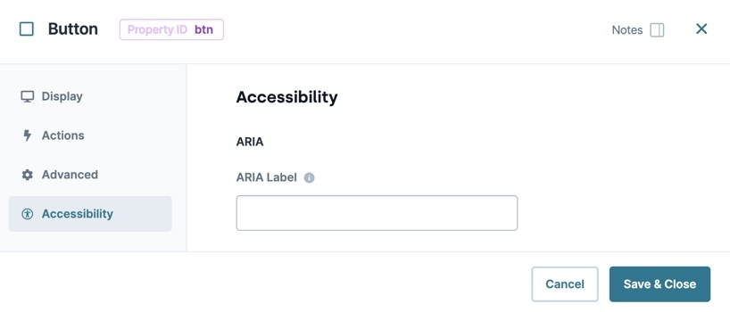 A static image displaying the Button component's accessibility settings.