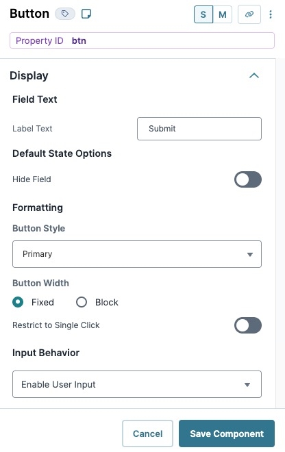 A static image displaying the Button component's Display settings.