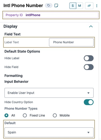A static image displaying the Property ID, Label Text, and Default Country configuration.
