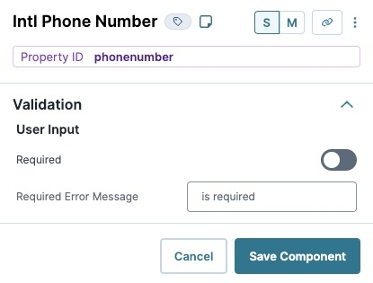 A static image displaying the Intl Phone Number component's Validation settings.