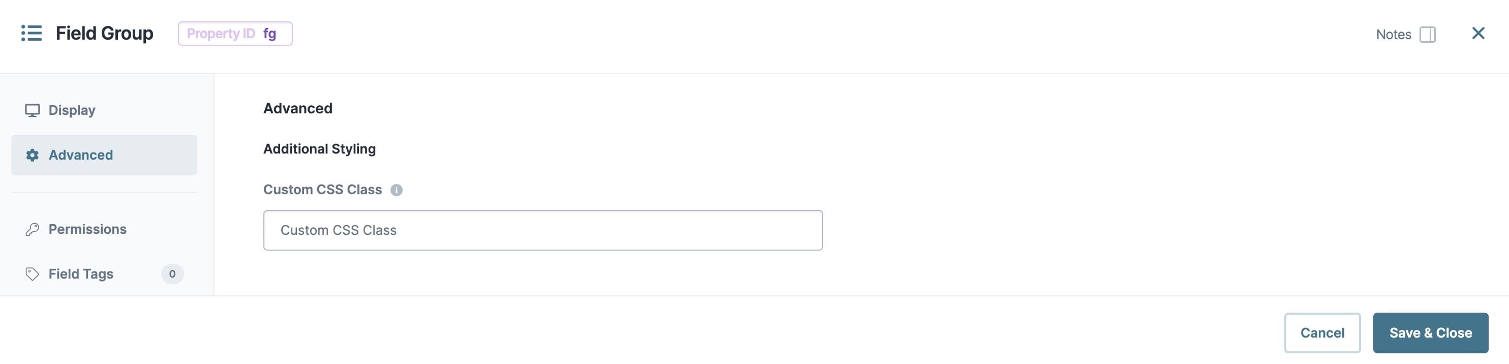 A static image dispaying the Field Group component's Advanced settings.