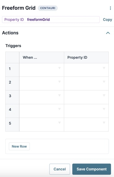 A static image displaying the UDesigner Freeform Grid component's Actions settings.