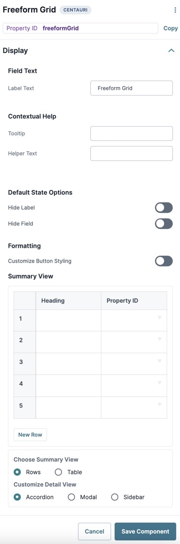 A static image displaying the UDesigner Freeform Grid component's Display settings.