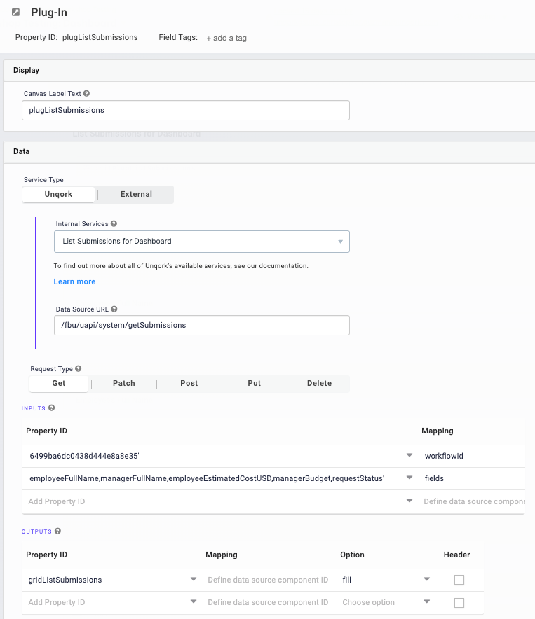 Image displaying the plugGetListSubmissions configuration that imports submission data into the dashboard module from another Unqork application. 