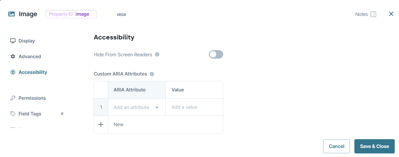 A static image displaying the accessibility settings configuration of the Image component in Classic Designer view.