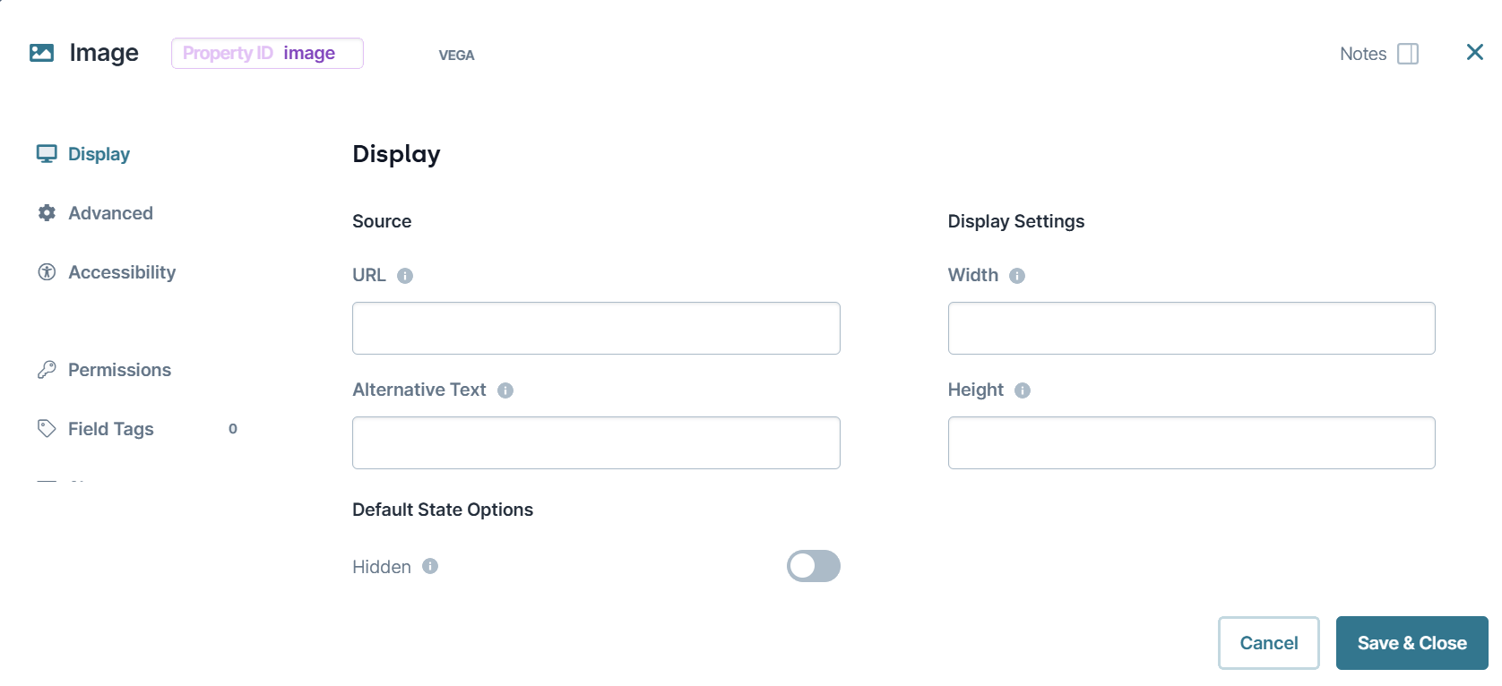 A static image displaying the Image component's Display settings.
