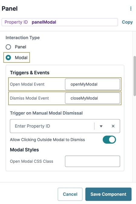 A static image displaying the Panel Configuration page, the property ID is "panelModal", the Interactio type is set to "Modal", and the Open Modal Event field reads "panelPopModal".