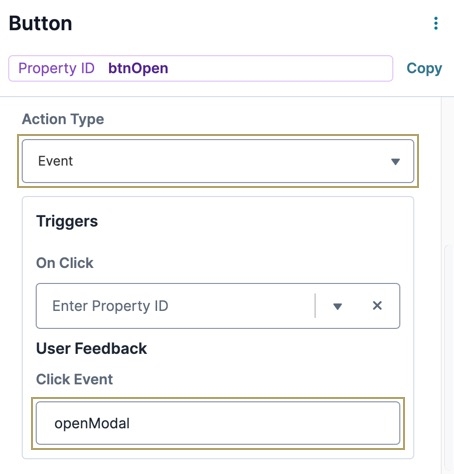 A static image displaying the Button component configuration page, the Interaction Type is set to Modal, and the Open Modal Event field is set to panelPopModal