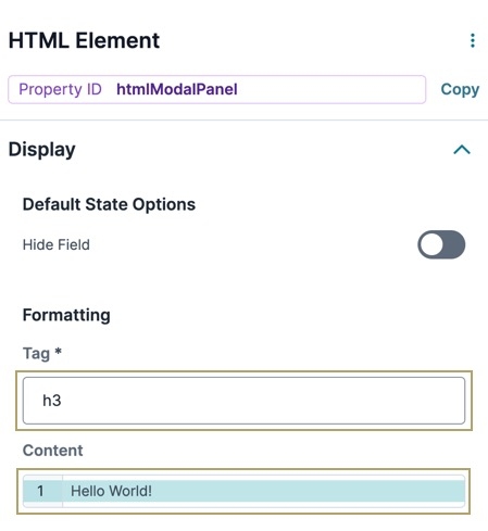 A static image of the HTML Element component's Display settings, the Tag field is set to h3, and the Content field contains the words "Hello World!".