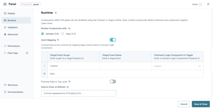 A static image dispaying the Panel component's Runtime settings.