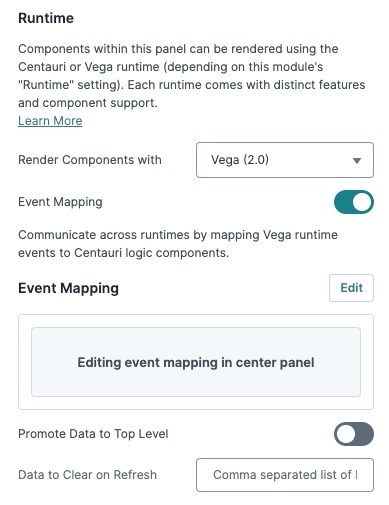 A static image displaying the Panel Component's Runtime settings.