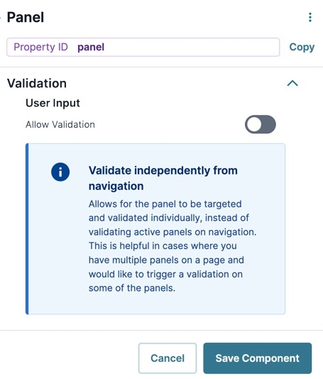 A static image displaying the Panel component's Validation settings.