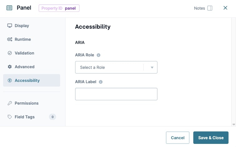 A static image dispaying the Panel component's Accessibility settings.