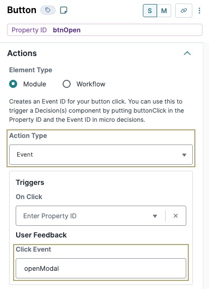 A static image displaying the Button component configuration page, the Interaction Type is set to Modal, and the Open Modal Event field is set to panelPopModal