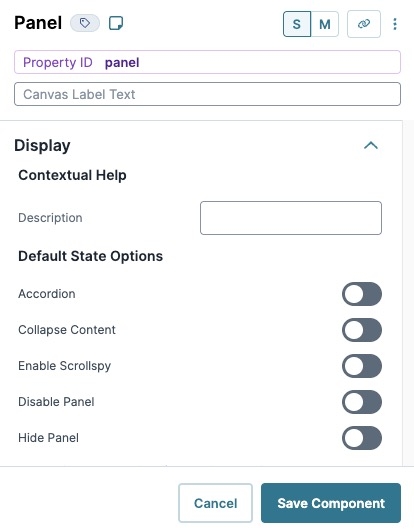 A static image displaying the Panel component's Display settings.