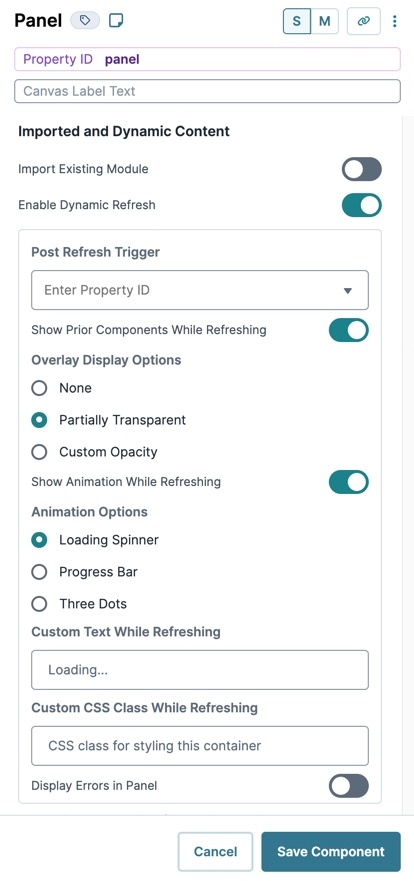 A static image displaying the Panel Component's Dynamic Refresh settings.