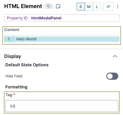 A static image of the HTML Element component's Display settings, the Tag field is set to h3, and the Content field contains the words "Hello World!".