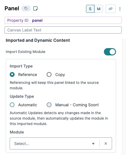 A static image displaying the Import Existing Module settings in the Panel component configuration page.