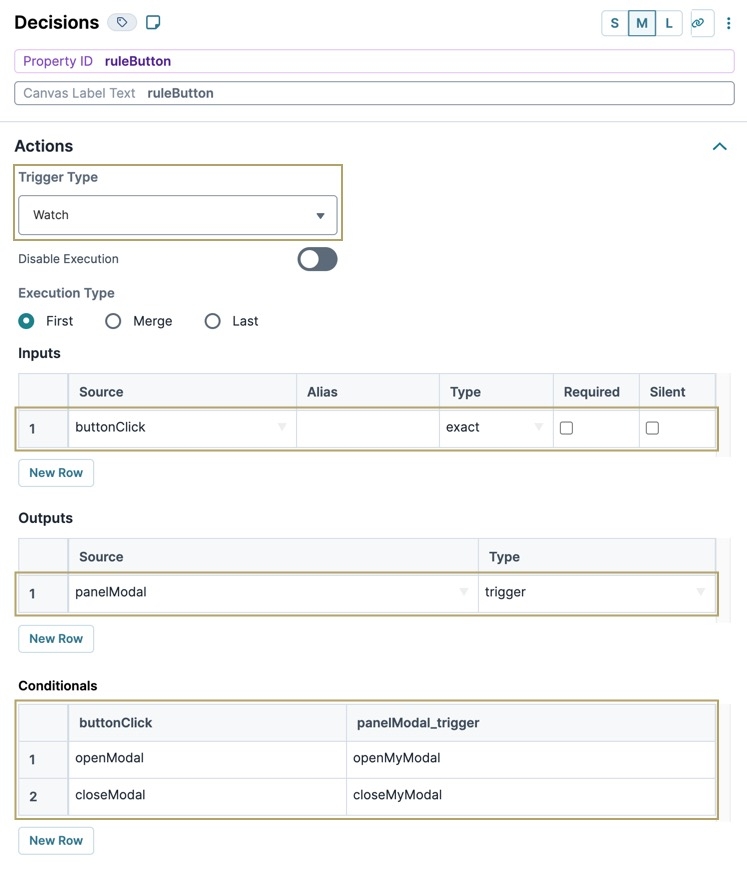 A static image showing the Inputs, Outputs and Micro Decisions tables of the Decisions component.