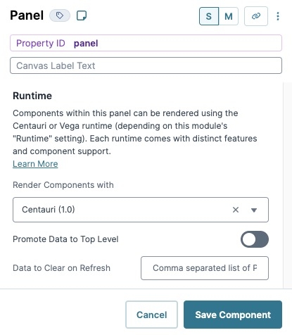 A static image displaying the Panel Component's Runtime settings.