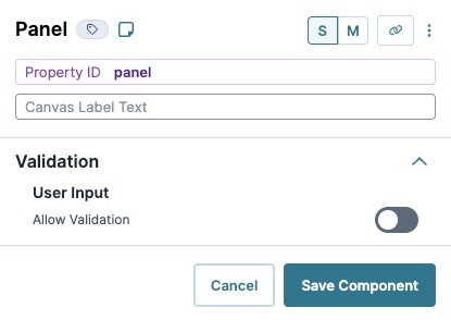 A static image displaying the Panel component's Validation settings.