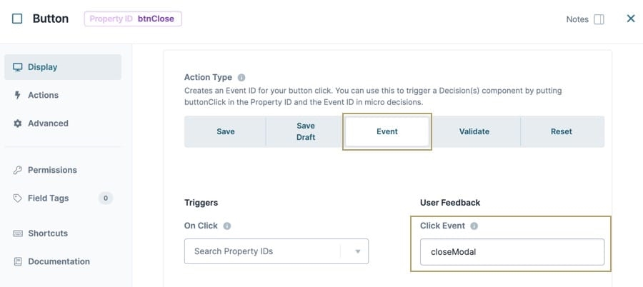 A static image displaying the Button component configuration page, the Action Type is set to Event, and the Click Event field is set to closeModal.