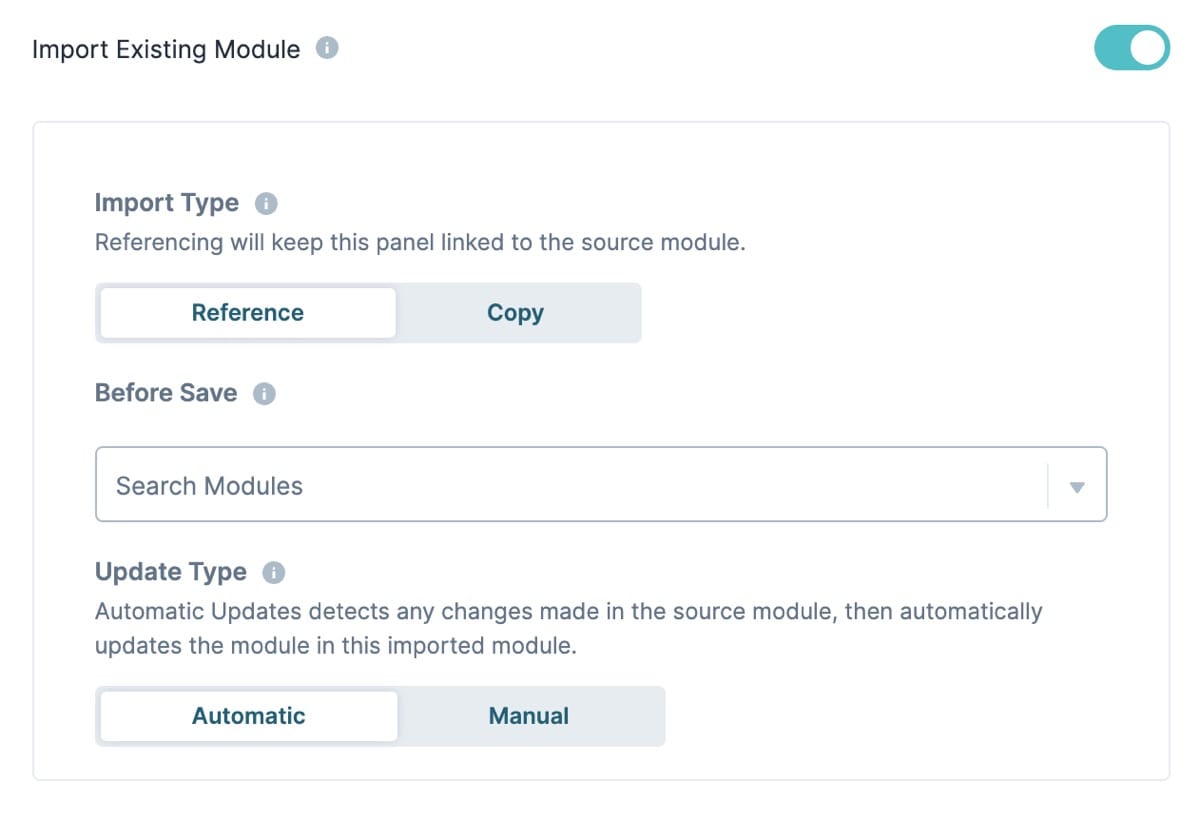 A static image displaying the Import Existing Module settings in the Panel component configuration page.