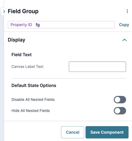 A static image displaying the UDesigner Field Group Component's Display settings.