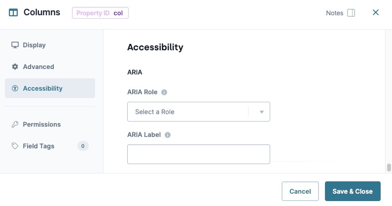 A static image dispaying the Columns component's Accessibility settings.