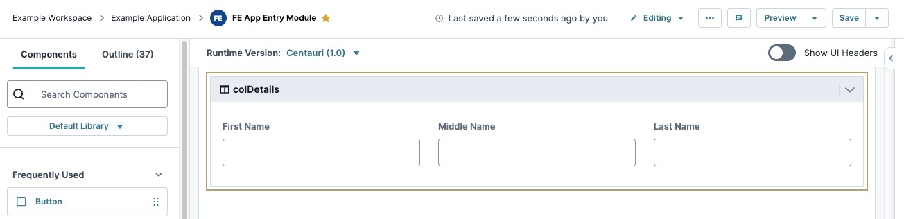 A static image displaying the Module Builder canvas, the Columns component contains three text fields, one in each column.