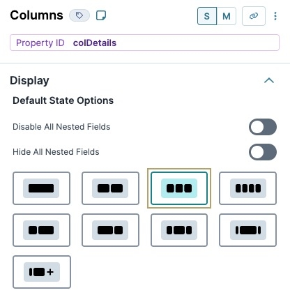 A static image displaying the Columns Component's Display settings, the Three Column button is selected.