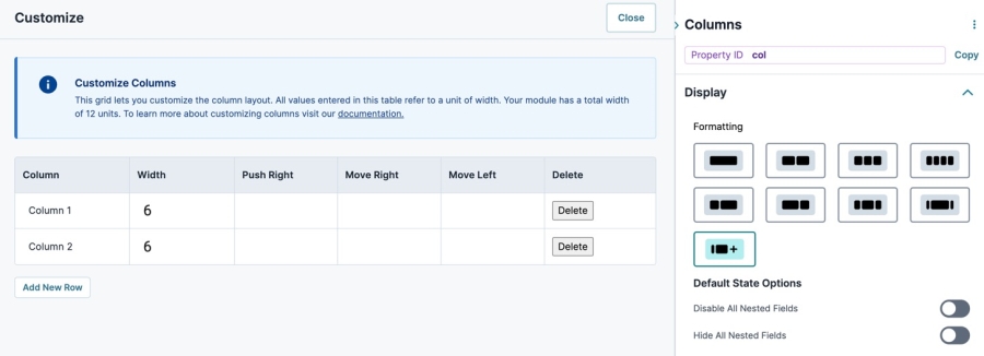 A static image displaying the Column component's Customize Columns setting.