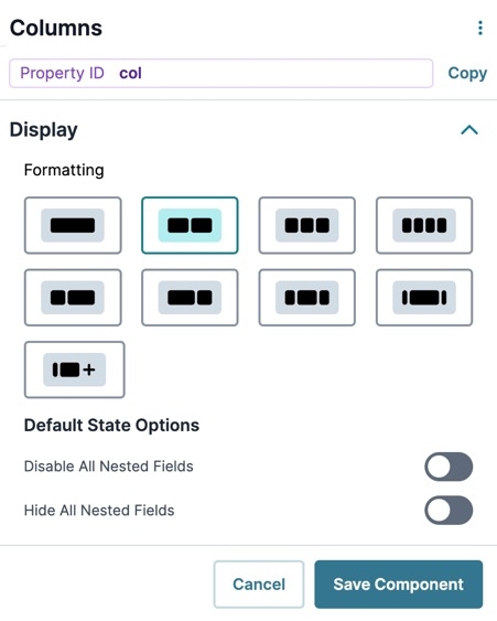 A static image displaying the Columns component's Display settings.