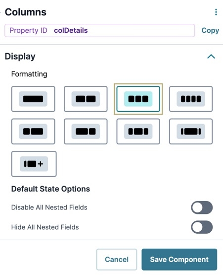 A static image displaying the Columns Component's Display settings, the Three Column button is selected.