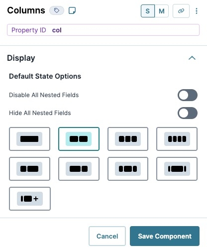 A static image displaying the Columns component's Display settings.