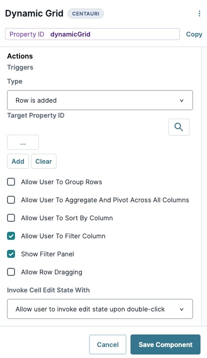 A static image displaying the Dynamic Grid's Actions settings.