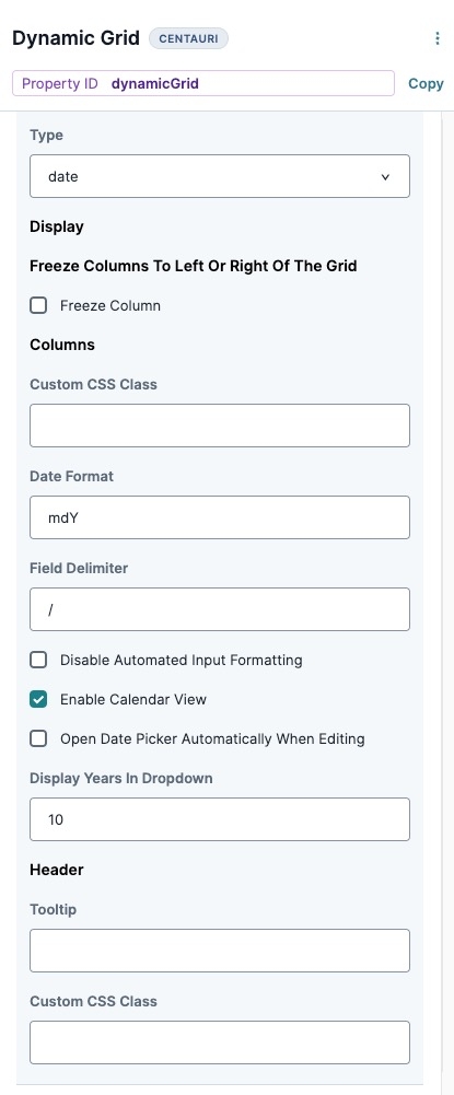 A static image displaying the Date column's Display settings.