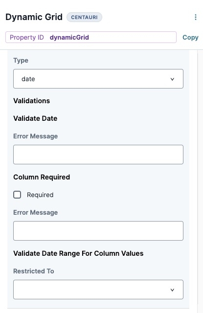 A static image displaying the Date column's Validation settings.