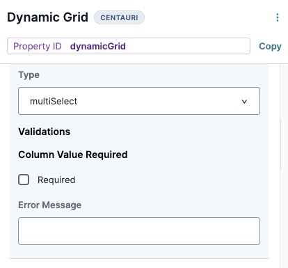 A static image displaying the Multi-Select column's Validations settings.