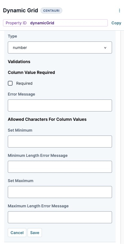 A static image displaying the Number column's Validation settings.